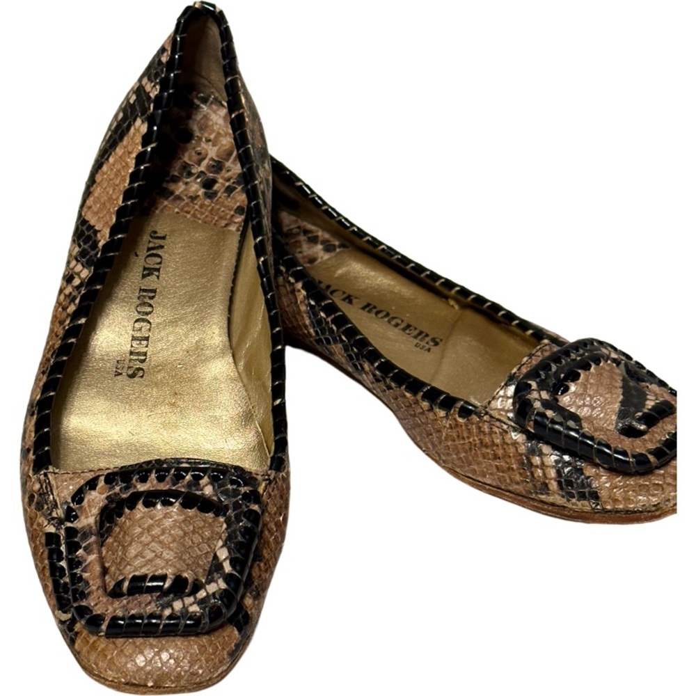 Jack Rogers Snakeskin Buckle Flats, Black & Tan